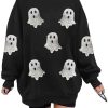 Halloween Sweatshirts for Women Sequin Ghost Long Sleeve Shirt Oversized Spooky Season Pullover Tops