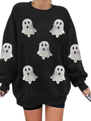 Halloween Sweatshirts for Women Sequin Ghost Long Sleeve Shirt Oversized Spooky Season Pullover Tops