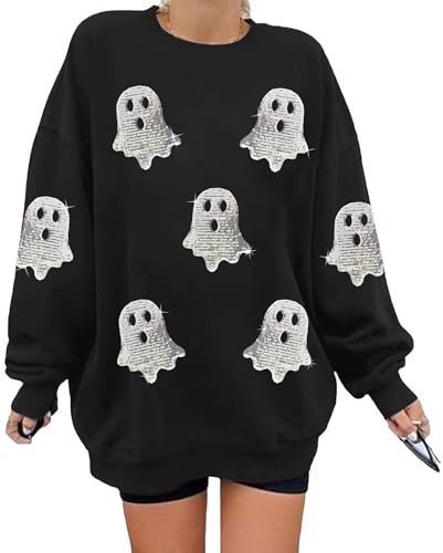 Halloween Sweatshirts for Women Sequin Ghost Long Sleeve Shirt Oversized Spooky Season Pullover Tops