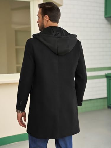 Mens Trench Coat Single Breasted Mid-Long Pea Coat Classic Winter Business Jacket with Detachable Hood