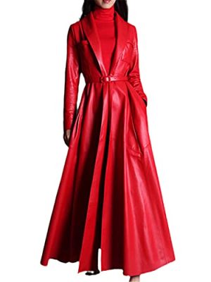 Red Black Maxi Leather Trench Coat, Women Long Skirted Elegant Overcoat Plus Size