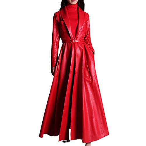 Red Black Maxi Leather Trench Coat, Women Long Skirted Elegant Overcoat Plus Size