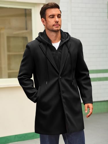 Mens Trench Coat Single Breasted Mid-Long Pea Coat Classic Winter Business Jacket with Detachable Hood
