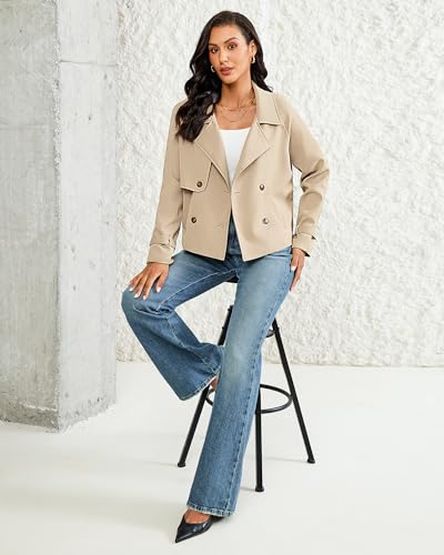 Cropped Trench Coat for Women Double Breasted Long Sleeve Work Office Business Casual Fall Short Jackets