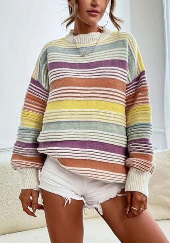 Women Contrast Striped Pullover Sweater 2025 Fall Outfits Oversized Knit Jumper Tops