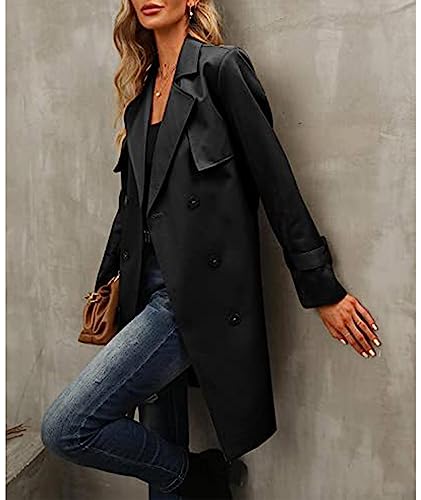 Women's Double Breasted Midi Trench Coat Flowy Light Weight Classic Belted Lapel Slim Windproof Overcoat