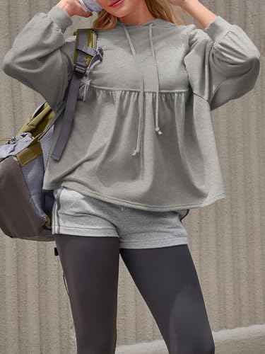 Womens Oversized Hoodies Sweatshirts Casual Lantern Long Sleeve Drawstring Peplum Hem Loose Hooded Pullover Tops