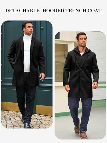 Mens Trench Coat Single Breasted Mid-Long Pea Coat Classic Winter Business Jacket with Detachable Hood