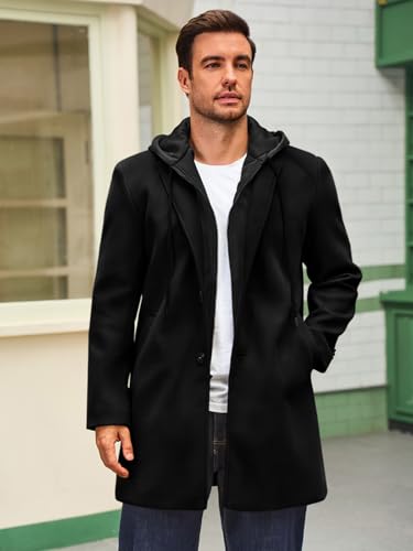 Mens Trench Coat Single Breasted Mid-Long Pea Coat Classic Winter Business Jacket with Detachable Hood