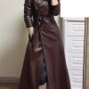 Women's Belted Double-Breasted Long Burgundy Soft Faux Leather Trench Coat