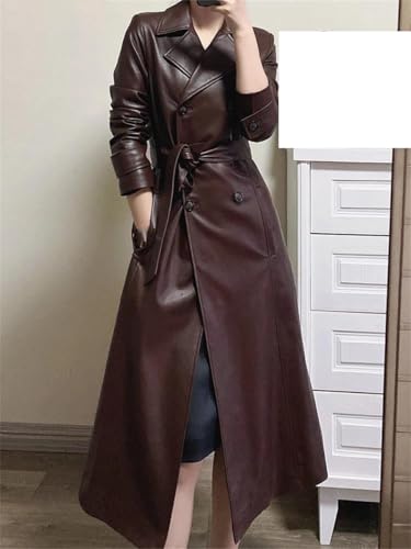 Women's Belted Double-Breasted Long Burgundy Soft Faux Leather Trench Coat