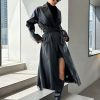 womens trench coat Lapel Neck Belted PU Leather Trench Coat