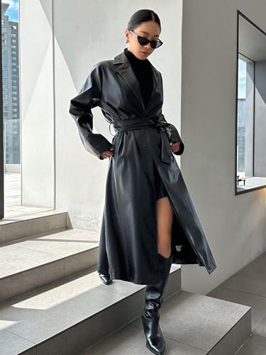 womens trench coat Lapel Neck Belted PU Leather Trench Coat