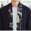 Mens Long Kimono Cardigan Open Front Print Cotton Linen Trench Coat