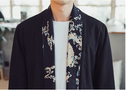 Mens Long Kimono Cardigan Open Front Print Cotton Linen Trench Coat