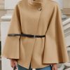 Womens Batwing Sleeve Poncho Pea Coats Oversized Belted Trendy Casual Stand Collar Cloak Cape Coats
