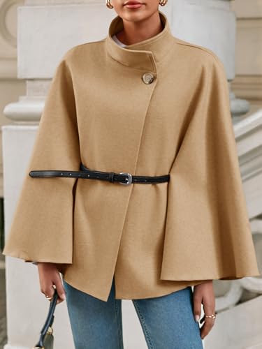 Womens Batwing Sleeve Poncho Pea Coats Oversized Belted Trendy Casual Stand Collar Cloak Cape Coats