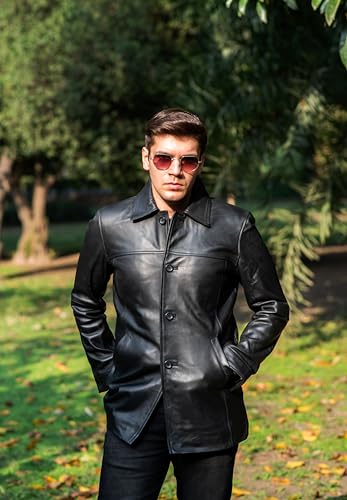 TLC Black Real Leather Trench Coat for Men – 3/4 Length Car Coat – Genuine Lambskin Jacket - Classic Button-Up Soft Coat Men