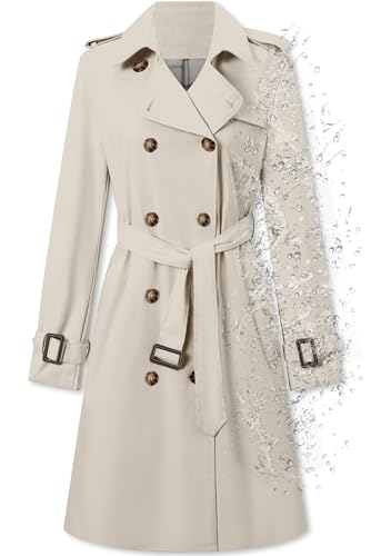 Women's Double Breasted Waterproof Trench Coat Classic Lapel Overcoat with Belt