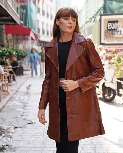 TLC Genuine Long Leather Jacket Women, Stylish and Soft Real Lambskin Leather Trench Coat with Button Design