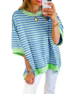Womens Tops Casual Short Sleeve Sweatshirt Crewneck Striped Shirt Pullover T Shirts Loose Blouses