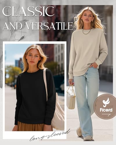 2 Pack Women's Casual Sweatshirts, Long Sleeve Cotton Shirts Loose Fit Lightweight Crew Neck Basic Tops Pullover