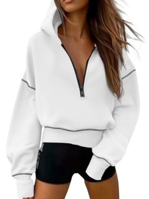 Women's 2025 Fall Hooded Sweatshirts Long Sleeve Half Zip Cropped Hoodies Pullover Winter Fashion Clothes