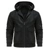 Faux Leather Jacket for Men Vintage Leather Motorcycle Biker Jackets Warm Windproof Zip-Up Hooded Coats Outerwear