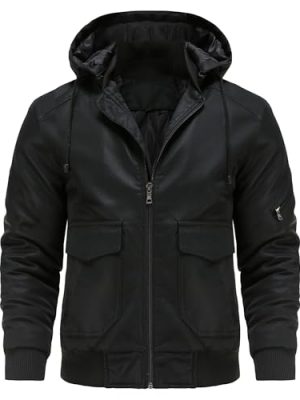 Faux Leather Jacket for Men Vintage Leather Motorcycle Biker Jackets Warm Windproof Zip-Up Hooded Coats Outerwear