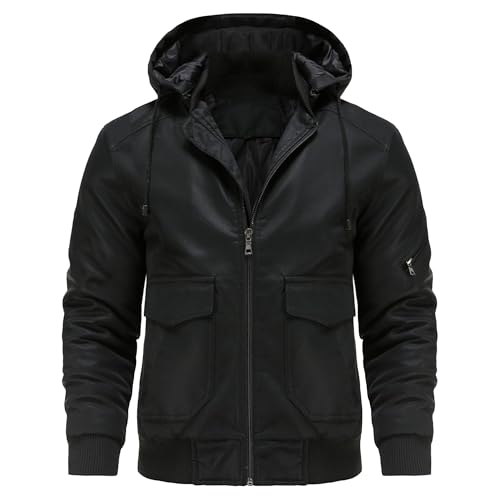 Faux Leather Jacket for Men Vintage Leather Motorcycle Biker Jackets Warm Windproof Zip-Up Hooded Coats Outerwear