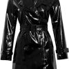 Women's Double-Breasted PVC Patent Leather Trench Coat - Wet Look Outdoor Fashion Trench Coats for Women