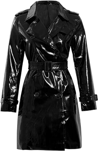 Women's Double-Breasted PVC Patent Leather Trench Coat - Wet Look Outdoor Fashion Trench Coats for Women