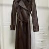 Women's Belted Double-Breasted Long Burgundy Soft Faux Leather Trench Coat