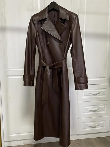 Women's Belted Double-Breasted Long Burgundy Soft Faux Leather Trench Coat