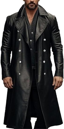 Men's Faux Leather Long Trench Coat Full Length Windproof Overcoat Fashion Vintage Open Front Cardigan Jacket
