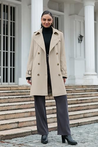 Women's Double Breasted Waterproof Trench Coat Classic Lapel Overcoat with Belt
