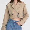 Womens Cropped Bike Jacket Casual Double Breasted Trench Coat with Belt