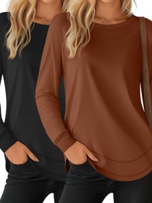 2 Pack Women's Crew Neck Sweatshirts, Cotton Long Sleeve Casual Shirts Loose Fit Tunic Tops Plain Basic Pullover Tees