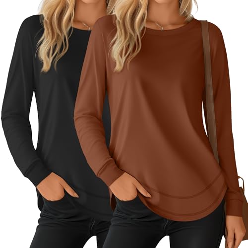 2 Pack Women's Crew Neck Sweatshirts, Cotton Long Sleeve Casual Shirts Loose Fit Tunic Tops Plain Basic Pullover Tees