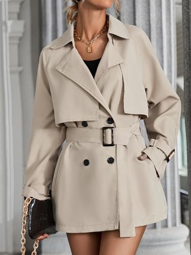 Women's Solid Double Breasted Long Trench Coat Raglan Sleeve Belted Lapel Overcoat