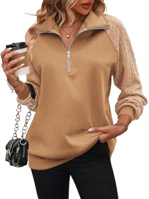 Women's Sweatshrits Quarter Zip Pullover Fleece Sweatshirt Casual Cable Knit Sleeve Hoodies Fashion Outfits Clothes