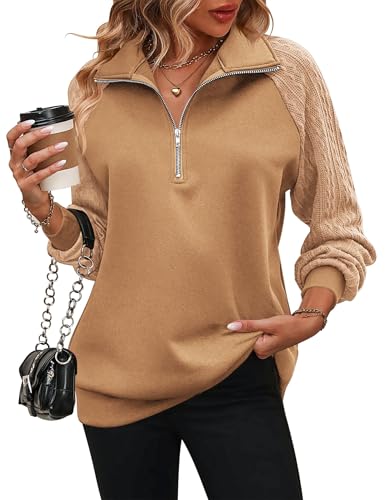 Women's Sweatshrits Quarter Zip Pullover Fleece Sweatshirt Casual Cable Knit Sleeve Hoodies Fashion Outfits Clothes