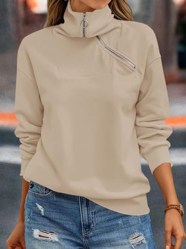 Womens Zipper Sweatshirt Turtleneck Long Sleeve Pullover Casual Loose Sweatshirts Top T Shirts