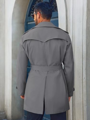 Men's Trench Coat Double Breasted Notched Lapel Long Jacket Belted Windbreaker Casual Slim Fit Overcoat