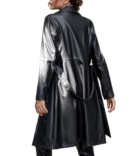 Long Suede Trench Coat Women Faux Leather Jacket Loose Button Lined Jacket Open Front Motorcycle Coat with Belt