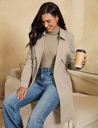 Trench Coat Women Mid Length Classic Double Breasted Lapel Business Casual Fall Jacket Coats Outerwear with Belt