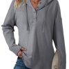 Hoodies for Women Long Sleeve Drawstring Button V Neck Fleece Casual Lightweight Pullover Sweatshirt Hooded Tops
