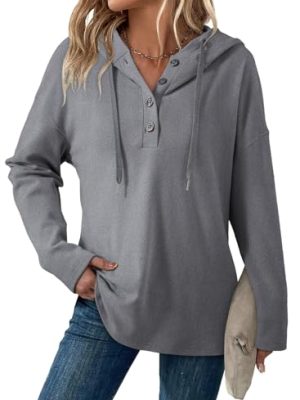 Hoodies for Women Long Sleeve Drawstring Button V Neck Fleece Casual Lightweight Pullover Sweatshirt Hooded Tops