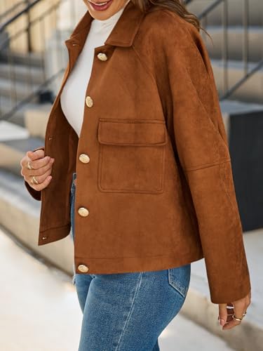 Womens Faux Suede Leather Jackets Cropped Casual Lapel Collar Button Down Oversized Fall Vintage Shackets