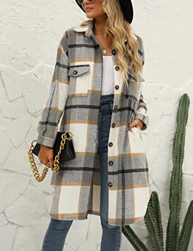 Women's Long Plaid Shirt Jacket Shacket Lapel Button Down Woolen Blend Casual Tartan Over Shirt Trench Coat